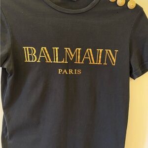 Balmain Women’s Black Tee with Gold Logo and Button Detail Size XS
